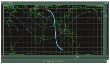 Fig. 4. The ground track of PRN25 during the transmission of L5 signals on June 17, 2010. Also indicated is the footprint of the satellite showing the 0°, 30°, and 60° elevation angle contours at the beginning of the transmission. The ground track is almost centered over Diego Garcia, one of the GPS monitoring stations.