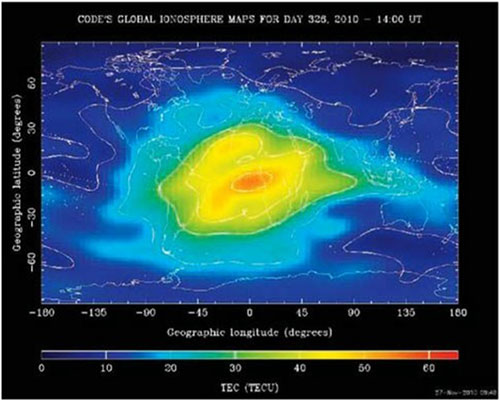 Figure 1. Global ionosphere map for November 22, 2010, at 14:00 UTC. (Map generated by CODE, University of Bern.)