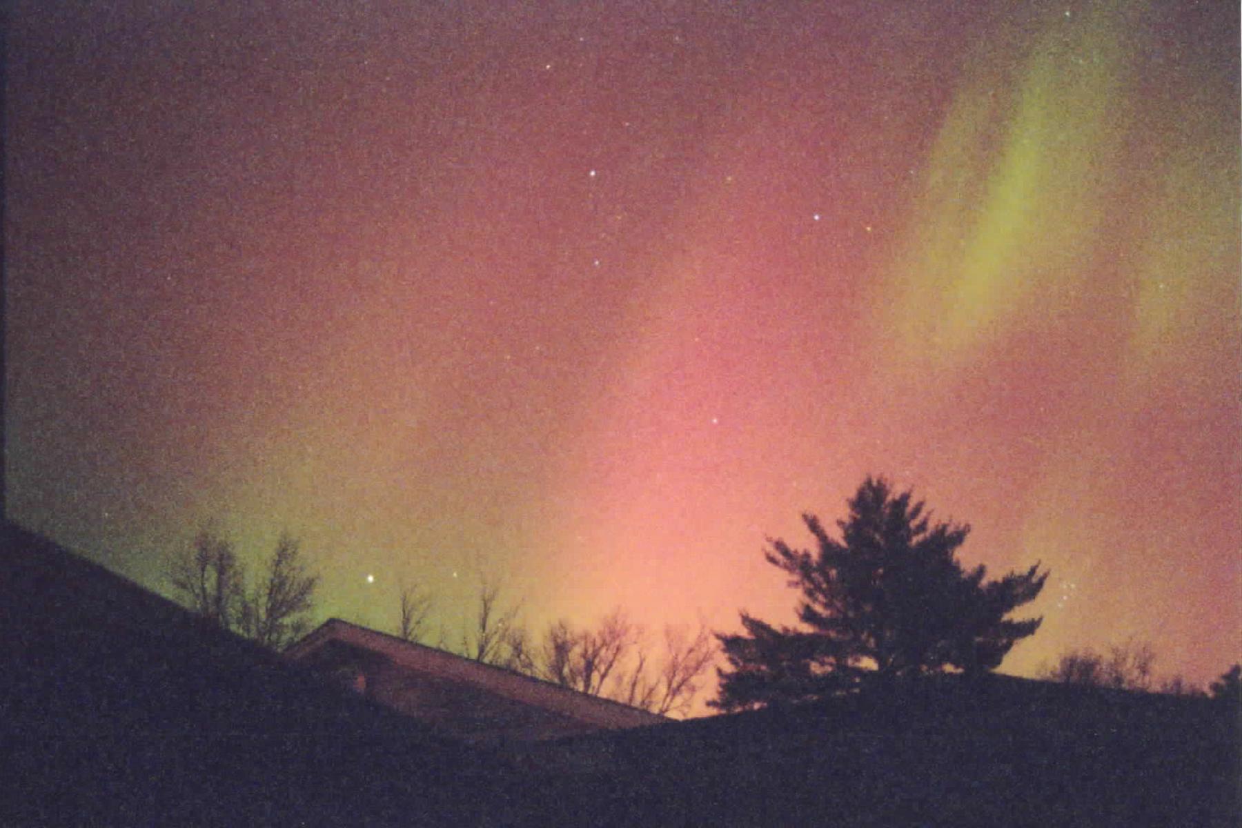 This full-sky aurora was observed near Fredericton, New Brunswick, Canada (46 degrees north latitude) on October 31, 2003. (Photo courtesy of Richard Langley.)