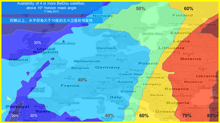 Figure 3. BeiDou coverage over Europe. The different colors show the percent of time that four or more BeiDou satellites are visible above a 10° mask angle.