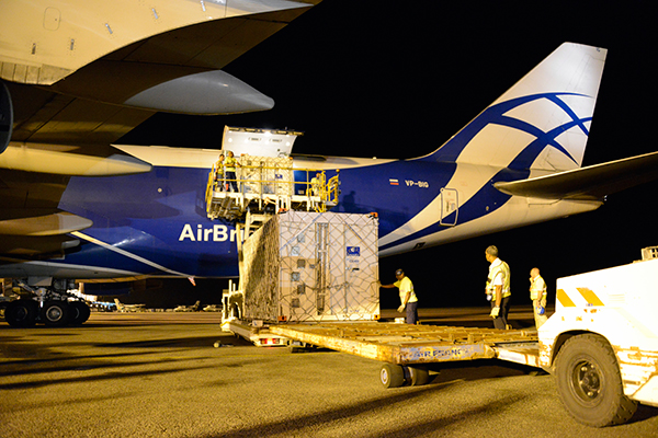 Europe’s next two Galileo satellites are unloaded from the Boeing 747 cargo aircraft at Cayenne. The two satellites are scheduled to be launched together by Soyuz from Europe’s Spaceport this summer.