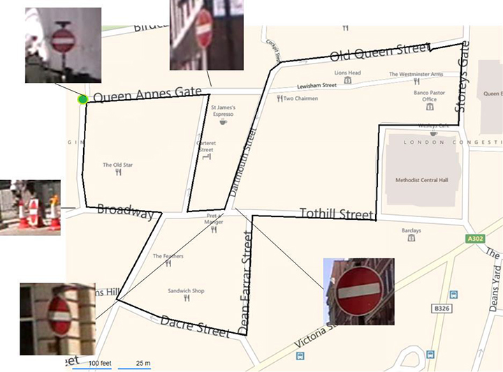 Figure 18. “No entry" signs in a 1,200-meter circuit of Central London. (Background image courtesy of Bing maps | Photo: Paul D. Groves, Lei Wang, Debbie Walter and Ziyi Jiang, University College London)