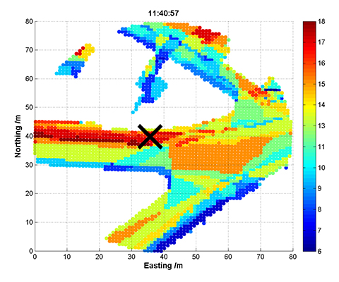 Figure 19. GNSS shadow-matching scoring map – unambiguous case (the cross shows the true position and white areas are indoor locations). (Photo: Paul D. Groves, Lei Wang, Debbie Walter and Ziyi Jiang, University College London)