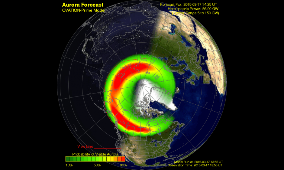 A G4 (Severe) geomagnetic storm was observed today at 07/1358 UTC (09:58 am EDT). This is the response to a pair of CMEs observed leaving the Sun on 15 March. Shown here is a model depiction of where the aurora is likely visible. Storm conditions are forecast to persist for the next several hours before beginning to wane down towards the end of the UT day. (Courtesy of NOAA)