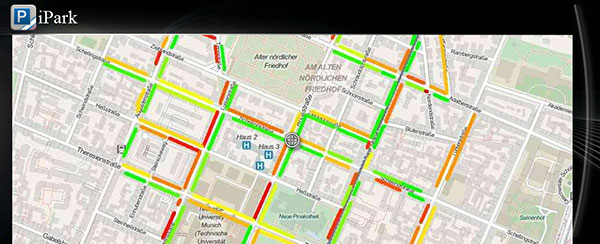 BMW driver interface concept for how INRIX On-Street Parking might be integrated into navigation systems in BMW Connected Drive vehicles. Color coded bars indicate probability of open street parking ranging from green (lots of spaces) to red (not likely to have an open space).
