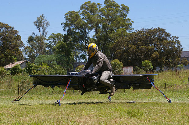 The hoverbike, shown tethered for safety reasons, supports nearly 600 pounds, enough for soldiers and their heavy gear. (Photo: Malloy Aeronautics)