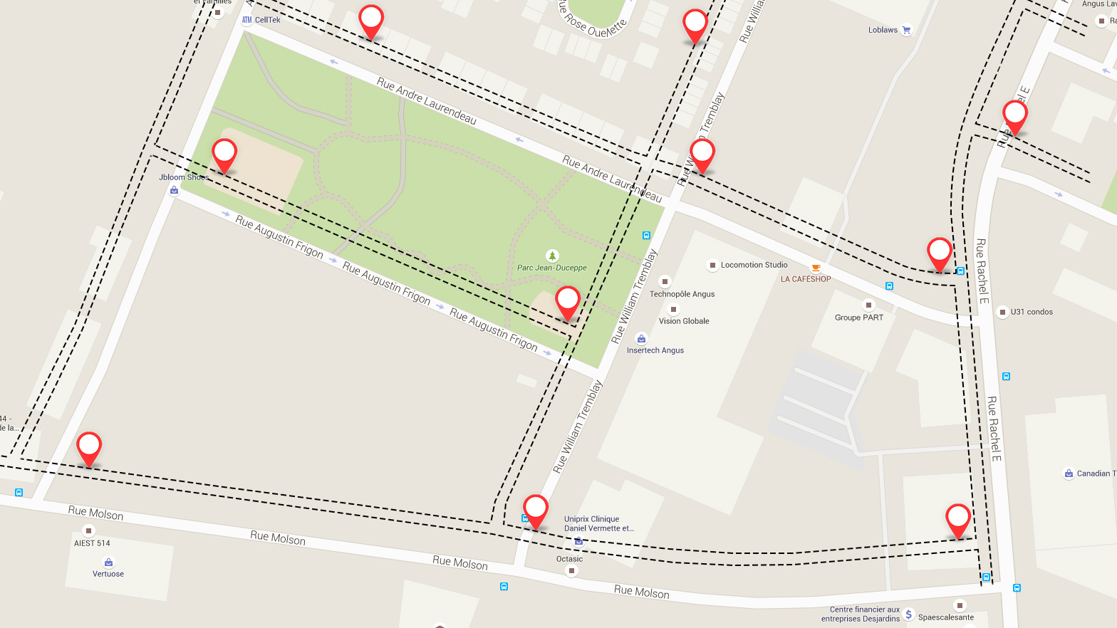 Example of positions that do not fall at the right place when they are integrated into a geographical information system (GIS).