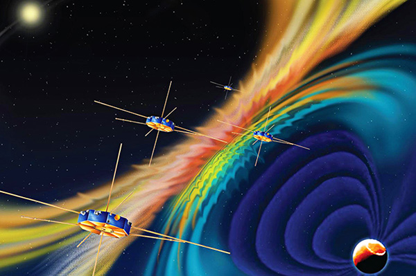 The four MMS spacecraft host the highest ever operational GPS receivers in space. (artist’s rendition, credit: NASA)