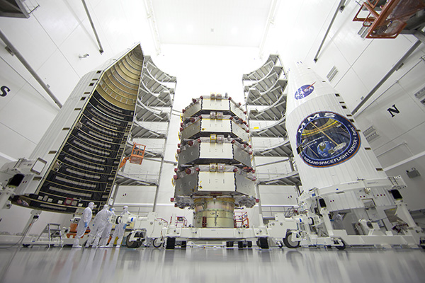 The four MMS observatories are processed for launch in a clean room at the Astrotech Space Operations facility in Titusville, Fla. The MMS mission launched March 12, 2015. (Credit: Ben Smegelsky/NASA)