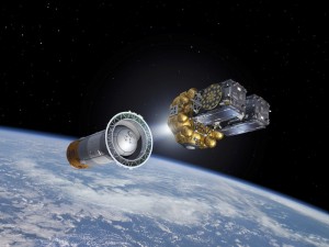 Artist's view of Galileo satellites attached to their dispenser atop their Fregat upper stage separating from the Soyuz upper stage. The Fregat then flies them the rest of the way up to medium-Earth orbit. (Credit: ESA)
