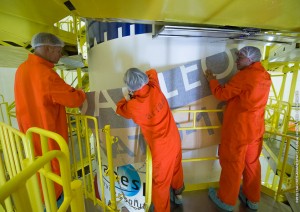 The logos of the two new satellites in the Galileo constellation are placed on the launcher fairing. (Credit: CNES)
