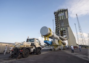 The Soyuz launcher is transferred to the launch pad. (Credit: Arianespace)