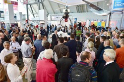 CEO Johannes Riegl unveils the new RIEGL BathyCopter at the Riegl INTERGEO booth in Stuttgart.