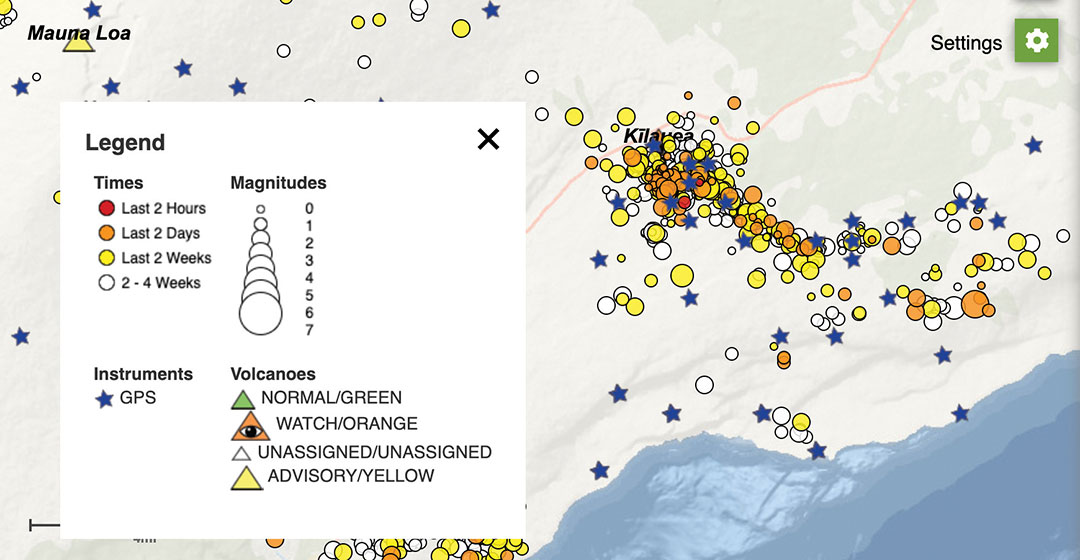 The interactive USGS monitoring map shows GPS stations situated on and around Kilauea as well as volcano activity. (screenshot taken at 12 p.m. HST on Dec. 21).