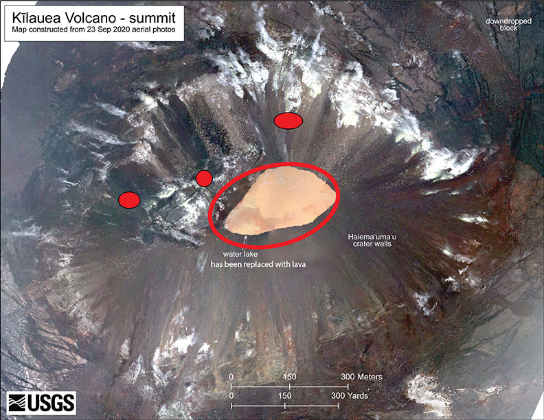 Shortly after 9:30 p.m. HST Dec. 20, an eruption began at the summit of Kīlauea Volcano in Hawaii. Red spots indicate fissure vents feeding lava into the bottom of Halema‘uma‘u crater. Lava coverage is 32 feet higher than the water in this photo (base map is from imagery collected on Sept. 23, 2020).