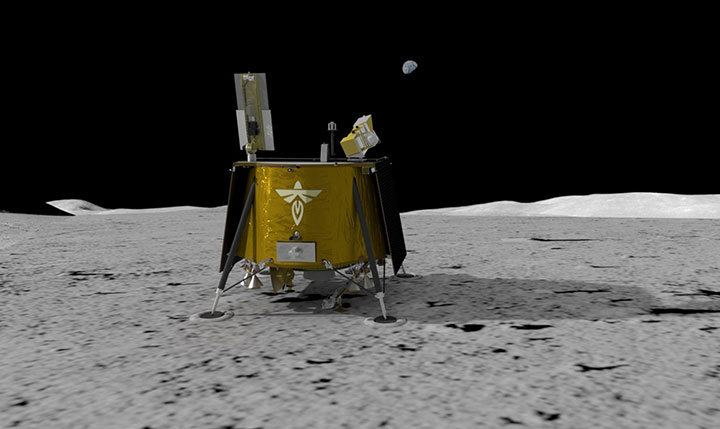 Illustration of Firefly Aerospace’s Blue Ghost lander on the lunar surface. The lander will carry a suite of 10 science investigations and technology demonstrations to the Moon in 2023 as part of NASA's Commercial Lunar Payload Services (CLPS) initiative. (Image: Firefly Aerospace)