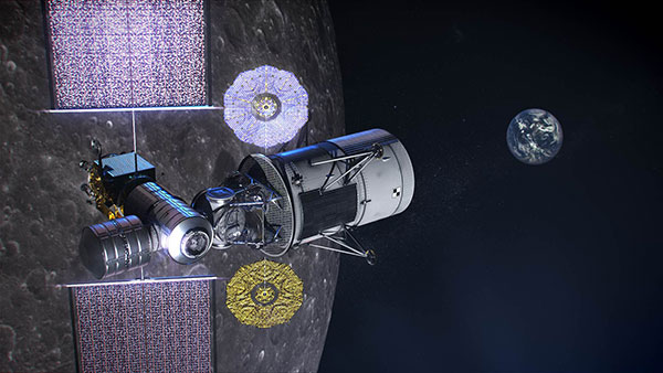 Illustration of NASA's lunar-orbiting Gateway and a human landing system in orbit around the Moon. (Image: NASA)