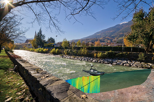 The HydroBoard II flotation platform contains the RiverSurveyor M9 acoustic device, which measures the flow rates of rivers, streams and irrigation canals. (Image: Hemisphere GNSS)