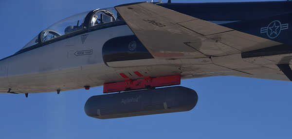A PNT AgilePod attached to a T-38C successfully demonstrated remote interfacing and alt-PNT data transmission. as well as performance over land and water. (Photo: USAF/2nd Lt. Bowen Lin, 586th Flight Test Squadron)