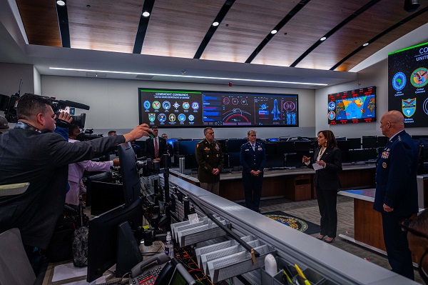 Vice President Kamala Harris speaks to media representatives alongside leadership from the U.S. Space Force and U.S. Space Command during her visit to the Combined Space Operations Center (CSpOC). (Photo: USSF)
