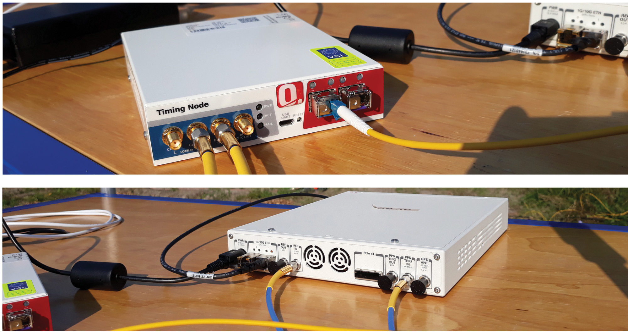 FIGURE 3. WR timing node (top) fed by a 1.25 gigabit per second bitstream through an optical fiber (yellow cable to the right) and providing electrical 1 pulse per second and 10 MHz synchronization signals at the outputs (two cables to the left). The bottom image shows an SDR system. The two channels of this device, capable of wideband operation, act here as a wireless transmitter or as a receiver. The transmitters are synchronized to the WR network through the 1 pulse per second and the 10 MHz electrical signals (blue-yellow cables at bottom) provided by the WR timing node.