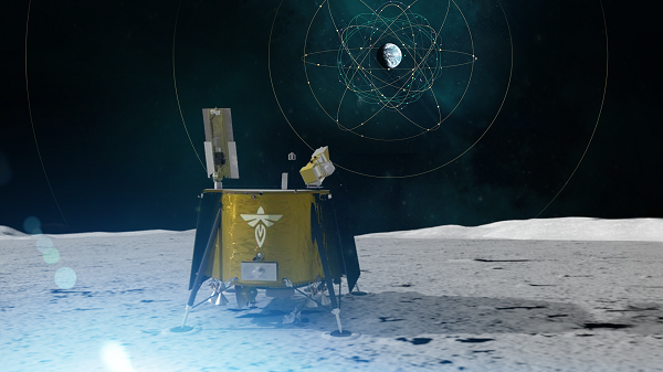 Artistic rendering of LuGRE and the GNSS constellations. In reality, the Earth-based GNSS constellations take up less than 10 degrees in the sky, as seen from the Moon. (Image: NASA/Dave Ryan)