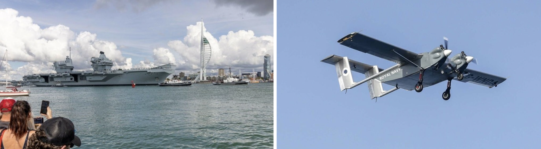 HMS Price of Wales leaving Portsmouth UK on its way to rendezvous for the HCMC UAV autonomous deck landing at sea (Image: UK Ministry of Defence)