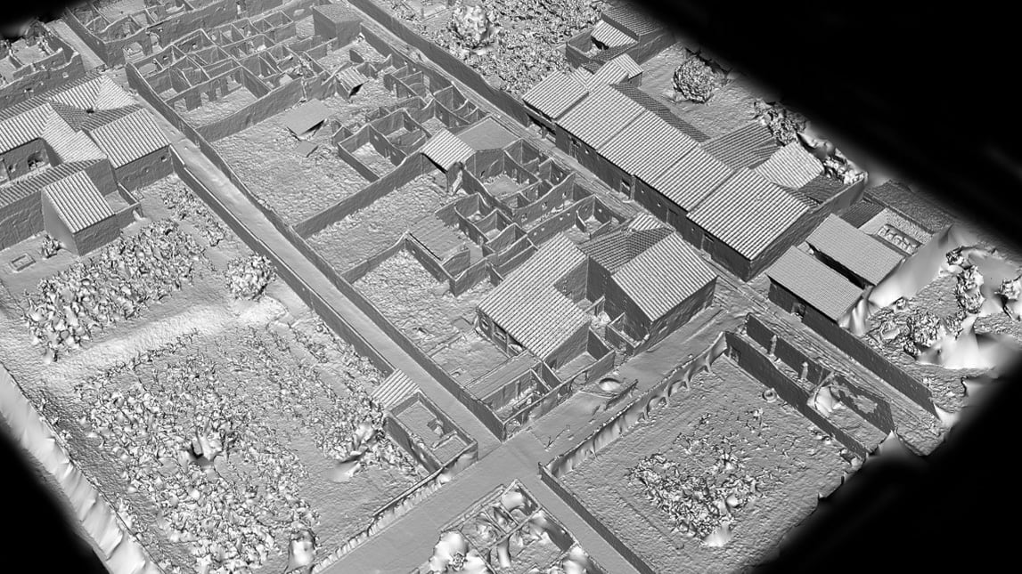 Lidar (light detection and ranging) uses laser light to densely sample the surface of the Pompeii I.14 site, producing highly accurate x,y,z measurements that provide the foundation for the digital twin. (Image: Allison Emmerson)