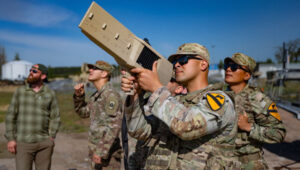 Army Spc. Kevin Jiminez operates the Dronebuster during counter-unmanned aerial systems training near Pabrade, Lithuania, on June 23, 2023. (Photo: courtesy of the U.S. DOD)