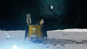 Artists concept rendering of LuGRE aboard the Blue Ghost lunar lander receiving signals from Earth's GNSS constellations. (Image: NASA/Dave Ryan)