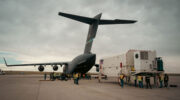 The Lockheed Martin Global Positioning Satellite (GPS) IIIA, Space Vehicle 08 (SV-08), prepares to be loaded to a U.S. Air Force C-17 Globemaster III from Buckley Space Force Base, Colorado, for transportation to Florida, April 1, 2025. The space vehicle was successfully transferred on April 2, 2025, through a coordinated effort between Lockheed Martin, the U.S. Space Force’s Space Operations Command, and USAF’s Air Mobility Command. (U.S. Space Force Photo by Senior Airman Joshua Hollis)