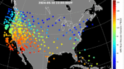 Figure 1. Ionospheric total electron content over the United States during the geomagnetic storm at 22:00 UT on May 10, 2024. The map is derived from the Global Positioning System (GPS) signals. The map shows a steep north-south gradient that impacted GPS position accuracy. Adapted from Figure 3d of the paper. (Credit: Authors)
