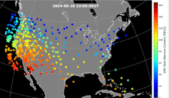 Figure 1. Ionospheric total electron content over the United States during the geomagnetic storm at 22:00 UT on May 10, 2024. The map is derived from the Global Positioning System (GPS) signals. The map shows a steep north-south gradient that impacted GPS position accuracy. Adapted from Figure 3d of the paper. (Credit: Authors)