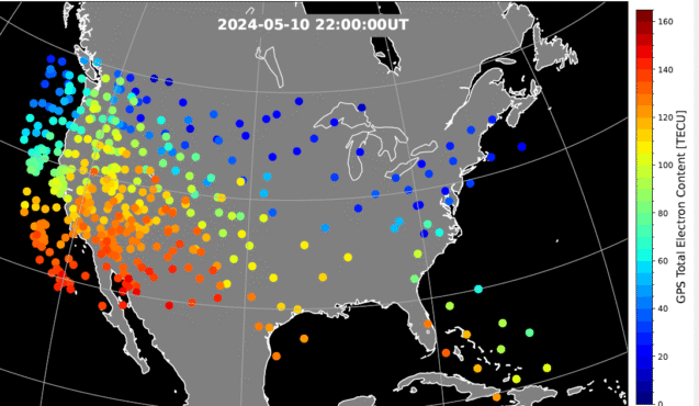 Figure 1. Ionospheric total electron content over the United States during the geomagnetic storm at 22:00 UT on May 10, 2024. The map is derived from the Global Positioning System (GPS) signals. The map shows a steep north-south gradient that impacted GPS position accuracy. Adapted from Figure 3d of the paper. (Credit: Authors)