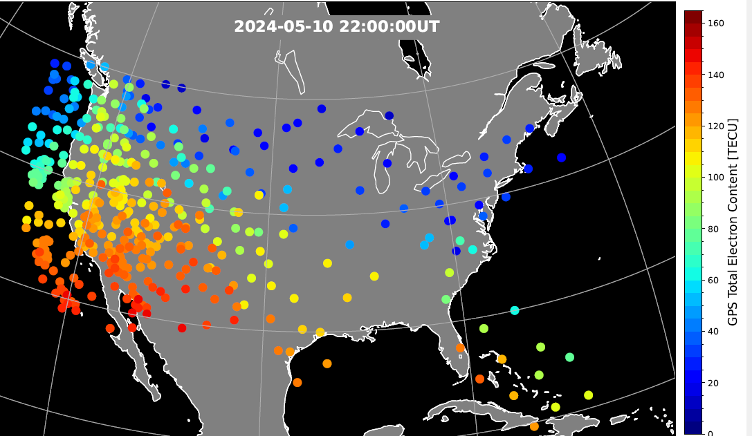 Figure 1. Ionospheric total electron content over the United States during the geomagnetic storm at 22:00 UT on May 10, 2024. The map is derived from the Global Positioning System (GPS) signals. The map shows a steep north-south gradient that impacted GPS position accuracy. Adapted from Figure 3d of the paper. (Credit: Authors)