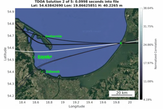This map approximates the trajectory of Russian GNSS jamming emanating from Baltiysk, Kaliningrad, on March 29, 2025. (Credit: Gdynia Maritime University, the University of Colorado, Maritime Office at Gdynia)