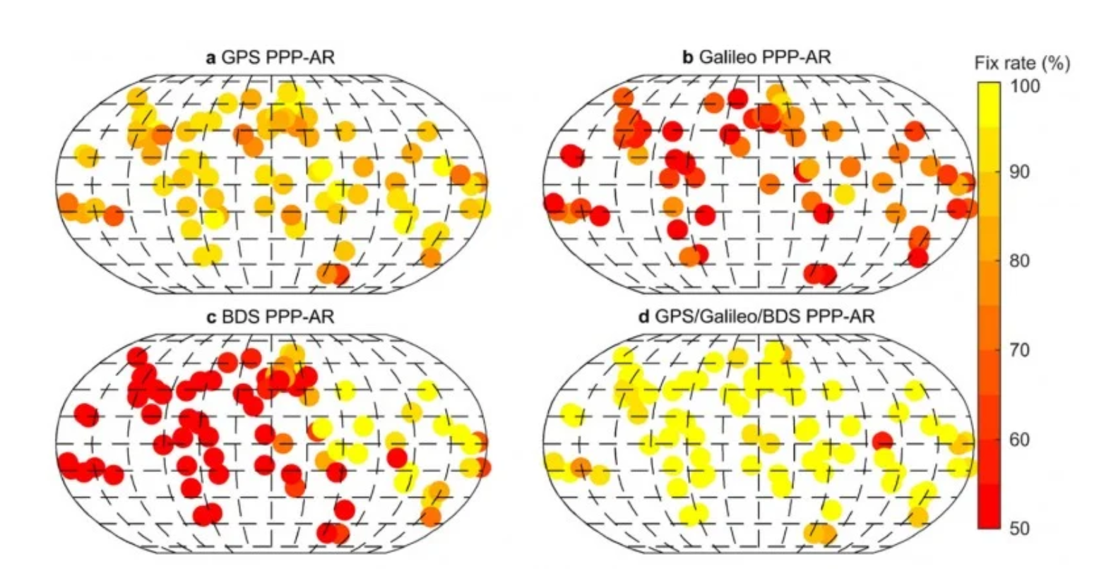 Fix rates of kinematic PPP-AR at global stations calculated with different systems. (Credit: Satellite Navigation)