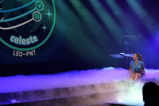 Celeste becomes the name of ESA’s LEO-PNT mission, that will "mediate: between Galileo and the rest of the world. The name was announced during the celebration of 30 years of European satellite navigation, in September 2025 with two actors enacting a fictional conversation between Galileo Galilei and his imagined great granddaughter Celeste, a satellite navigation engineer working at the ESA. (Credit: ESA / M. Polo)