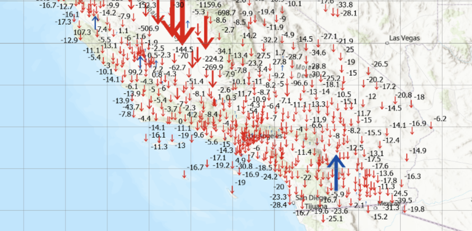 Differences in Vertical Coordinates (U) between Epoch2025.00 and Epoch 2017.50 (southern section)