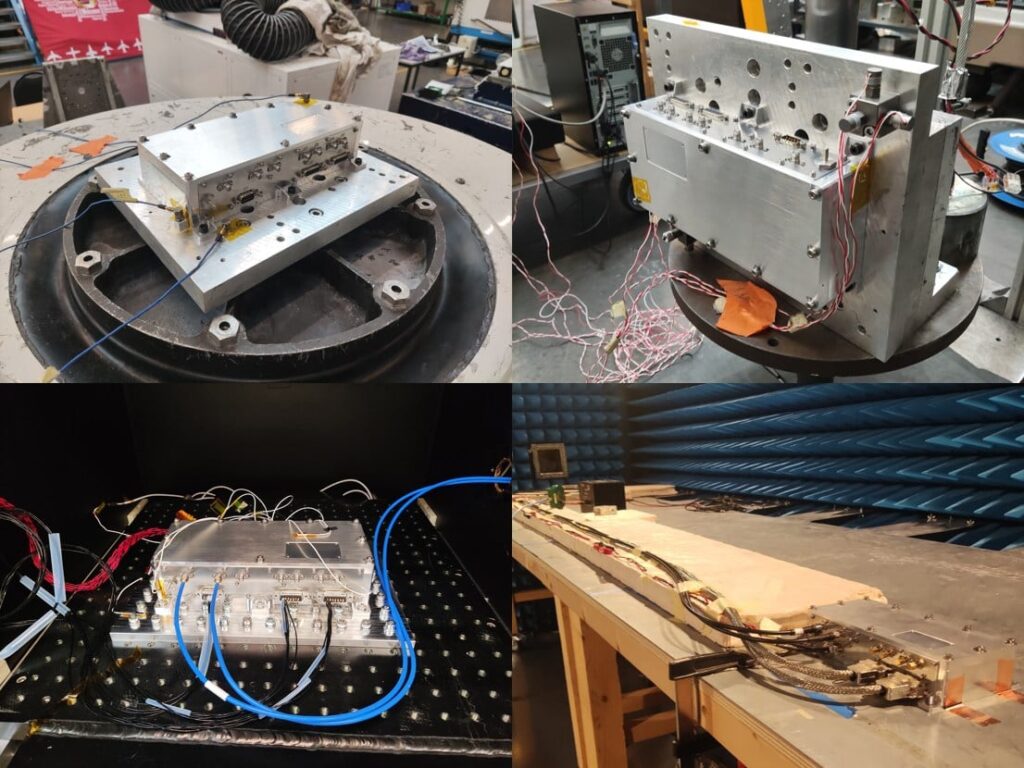 SpacePNT Gen2 qualification: from top left to bottom right: vibrations, shocks, thermal vacuum, EMC (Photo: SpacePNT)