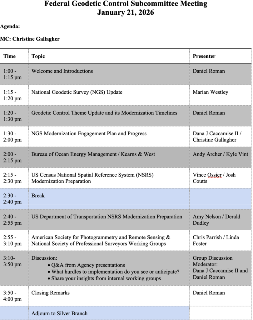 Federal Geodetic Control Subcommittee Meeting Agenda held January 21, 2026.