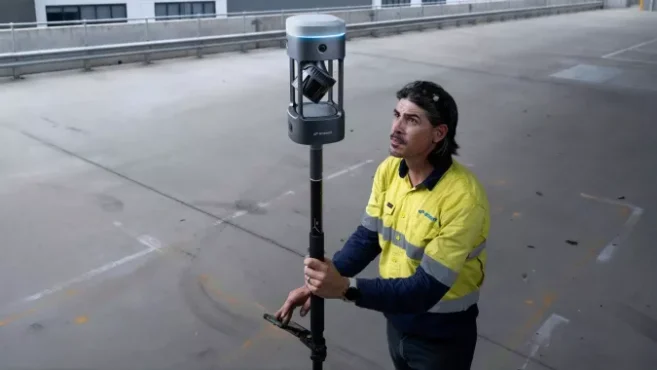 The GX1 all in one mobile scanner mounted on a survey pole. (Credit: Emesent)
