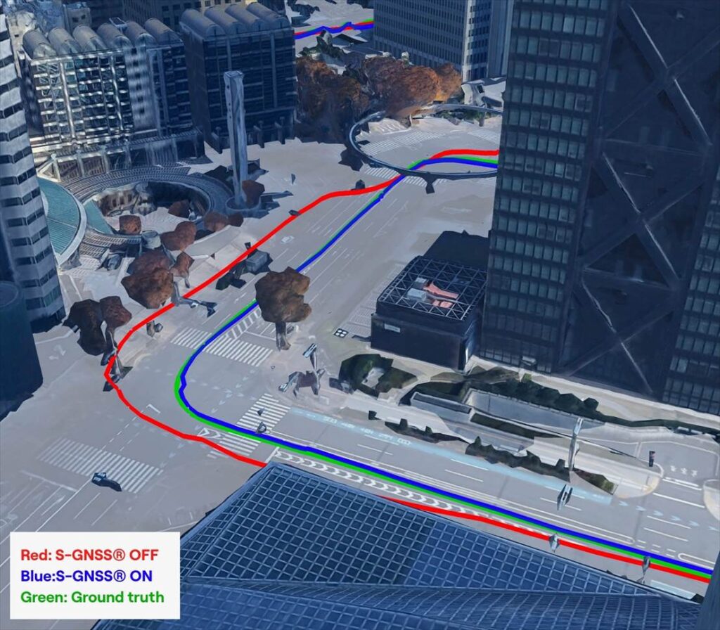 S-GNSS Auto, integrated onto STMicroelectronics’ Teseo receivers, demonstrating improvements in vehicle positioning accuracy. (Data from Shinjuku, Tokyo) 
