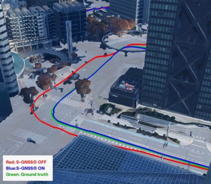 S-GNSS Auto, integrated onto STMicroelectronics’ Teseo receivers, demonstrating improvements in vehicle positioning accuracy. (Data from Shinjuku, Tokyo)