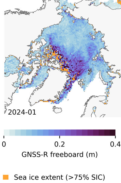 Arctic-wide sea ice freeboard map for January 2024
Arctic-wide sea ice freeboard map for January 2024. (Credit: ESA)