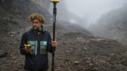 Klaus Thymann uses the Trimble Catalyst DA2 GNSS system to establish location coordinates with centimeter-level precision, allowing the team to create a highly-accurate georeferenced photogrammetry model of the glacier. (Credit: Klaus Thymann)