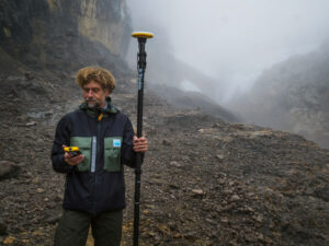 Klaus Thymann uses the Trimble Catalyst DA2 GNSS system to establish location coordinates with centimeter-level precision, allowing the team to create a highly-accurate georeferenced photogrammetry model of the glacier. (Credit: Klaus Thymann)