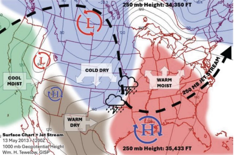 FIGURE 2 This NOAA chart shows a height of 250 millibars (mb) of pressure over Tornado Alley
in the U.S. (Credit: William Tewelow | Chart from NOAA NWS)