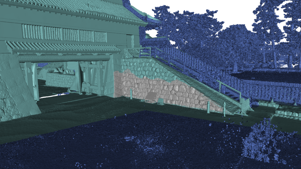 Artec Jet (dark blue), Artec Ray II (light blue), and Artec Leo (grey) point cloud data fused together for high detail on every scale. (Credit: Artec 3D).