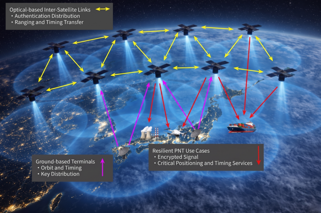 Concept art of the LEO-PNT satellite constellation. (Credit: ArkEdge Space)